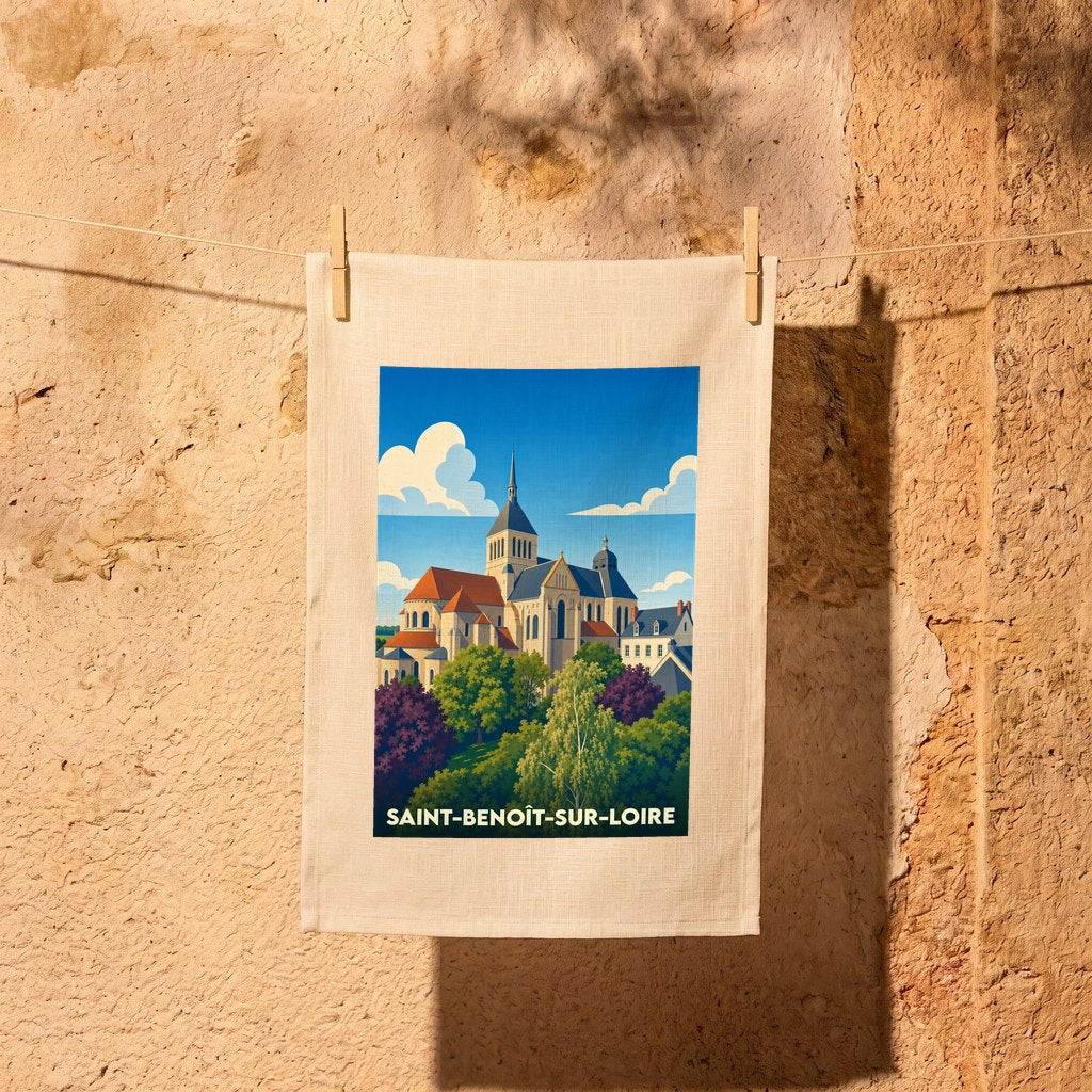 Torchon souvenir de la ville de Saint-Benoît-sur-Loire avec une illustration stylisée de son abbaye.