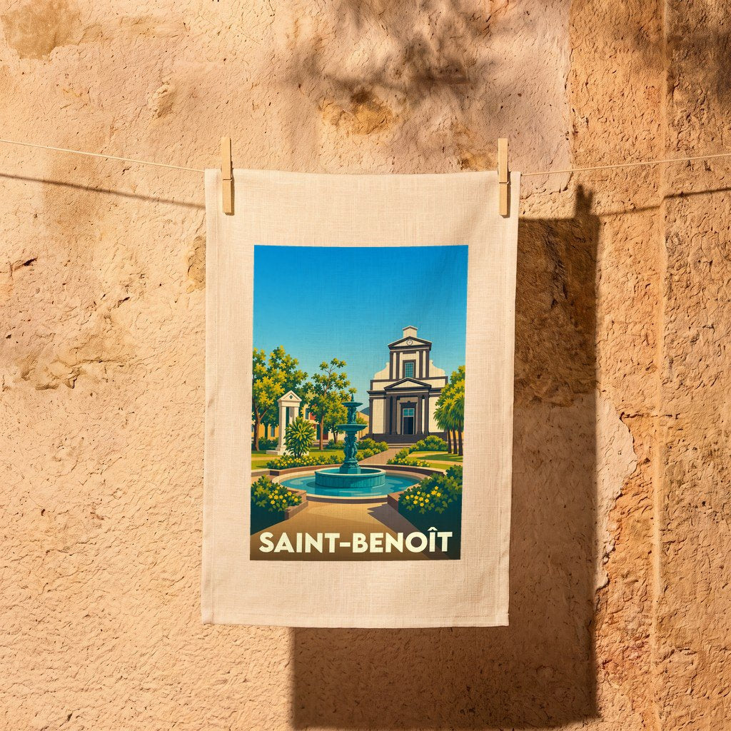 Torchon souvenir de la ville de Saint-Benoît orné d'une illustration stylisée d'une église et d'une fontaine.