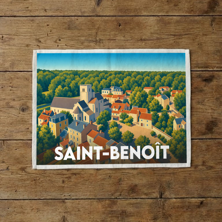 Torchon souvenir de la ville de Saint-Benoît illustré par une vue aérienne stylisée et colorée.