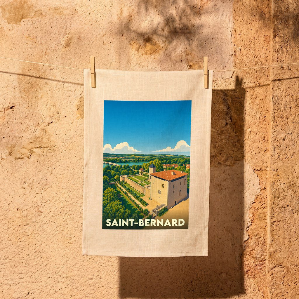 Torchon souvenir de la ville de Saint-Bernard avec une illustration stylisée de son château.