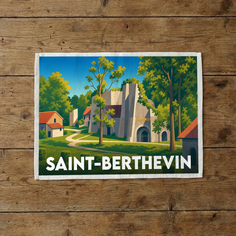 Torchon souvenir de la ville de Saint-Berthevin avec une illustration stylisée de ses anciens fours à chaux.