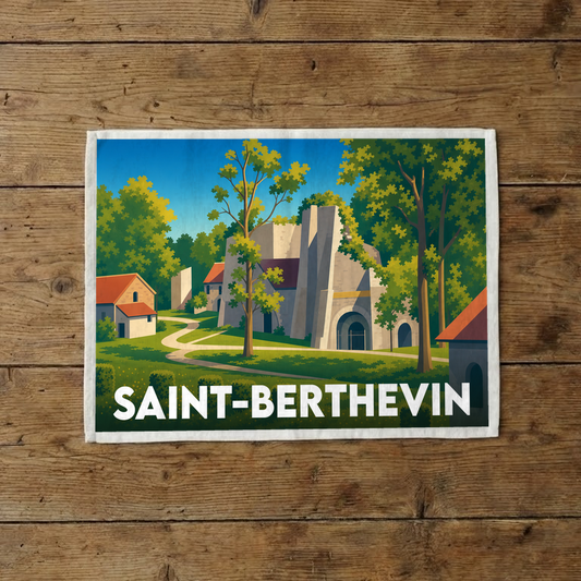 Torchon souvenir de la ville de Saint-Berthevin avec une illustration stylisée de ses anciens fours à chaux.