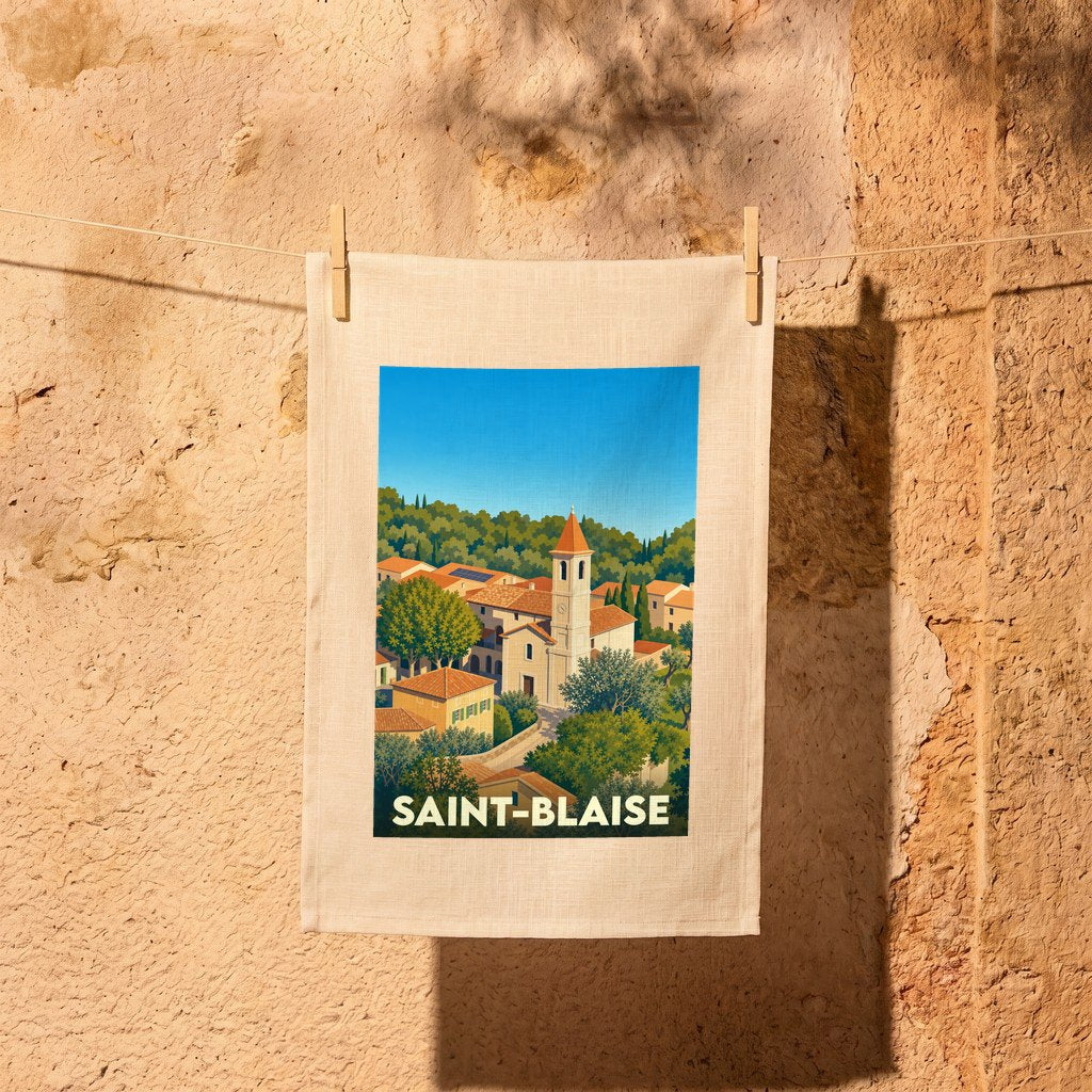 Torchon souvenir de la ville de Saint-Blaise avec une illustration stylisée d'un village provençal.