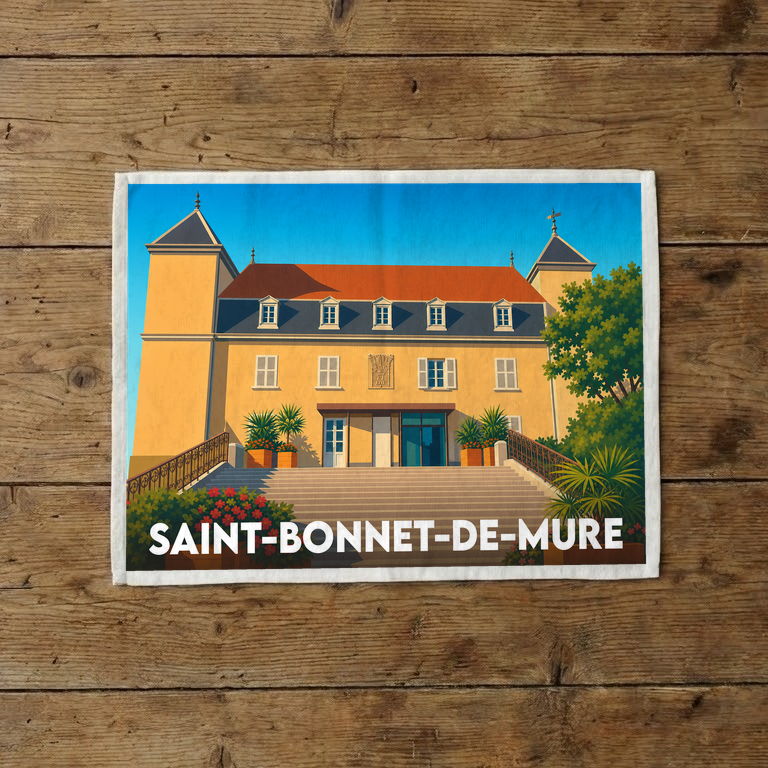 Torchon souvenir de la ville de Saint-Bonnet-de-Mure illustré d'un château stylisé sous un ciel bleu.