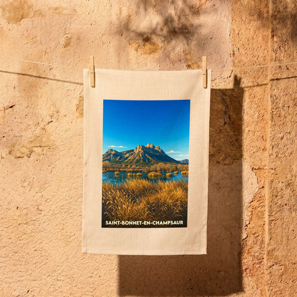 Torchon souvenir de la ville de Saint-Bonnet-en-Champsaur avec une illustration de montagne stylisée.