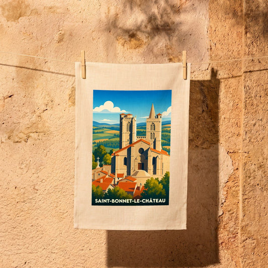 Torchon souvenir de la ville de Saint-Bonnet-le-Château avec une illustration stylisée de sa collégiale.