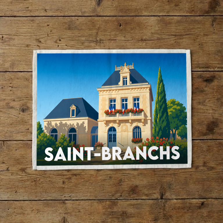 Torchon souvenir de la ville de Saint-Branchs avec une illustration stylisée.