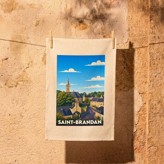 Torchon souvenir de la ville de Saint-Brandan avec une illustration stylisée.