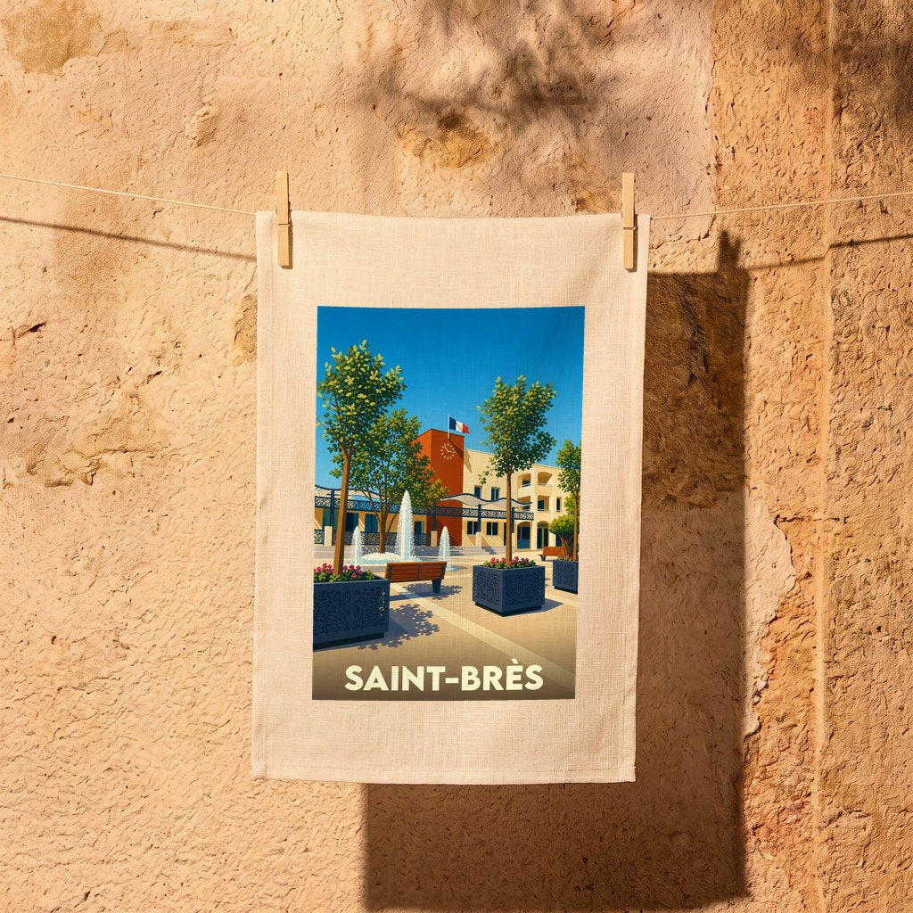 Torchon souvenir de la ville de Saint-Brès orné d'une illustration stylisée de sa place principale.
