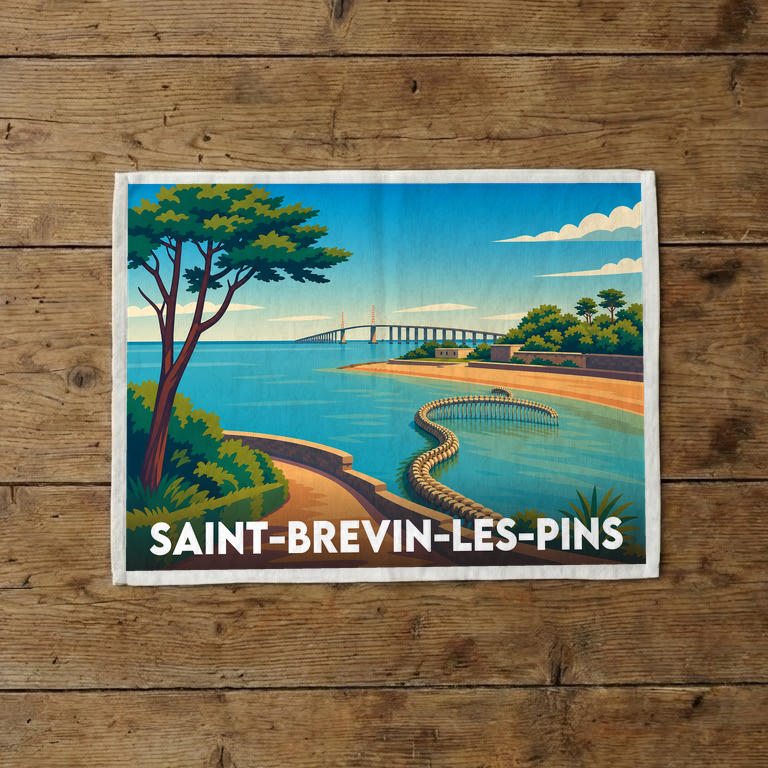 Torchon souvenir de la ville de Saint-Brevin-les-Pins avec une illustration stylisée de son paysage côtier.
