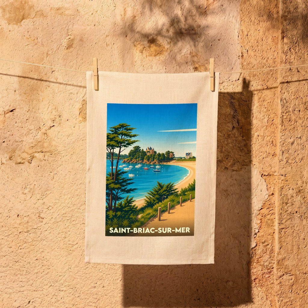 Torchon souvenir de la ville de Saint-Briac-sur-Mer avec une illustration stylisée de son littoral.