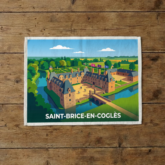 Torchon souvenir de la ville de Saint-Brice-en-Coglès avec une illustration stylisée de son château.