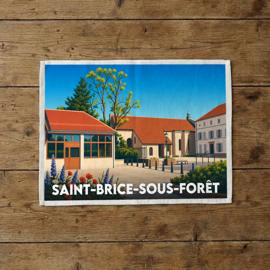 Torchon souvenir de la ville de Saint-Brice-sous-Forêt avec une illustration stylisée.