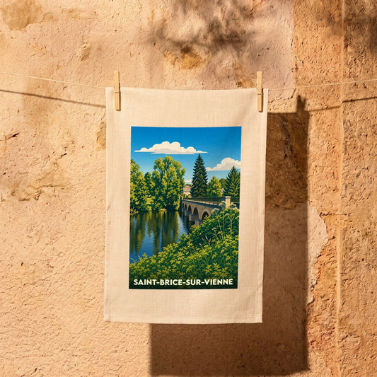 Torchon souvenir de Saint-Brice-sur-Vienne orné d'une illustration stylisée de son pont et de la rivière.