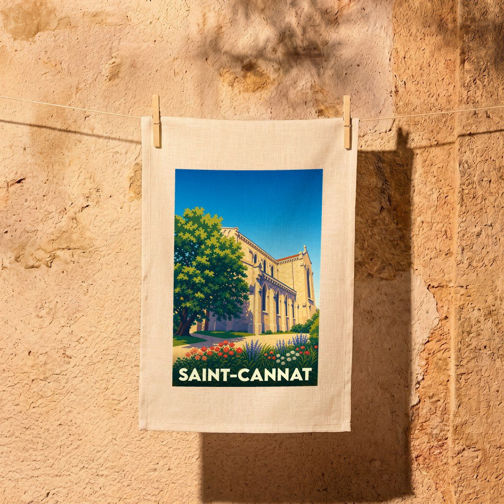 Torchon souvenir de la ville de Saint-Cannat avec une illustration stylisée de son église et de jardins fleuris.