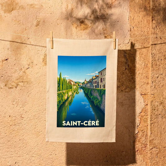 Torchon souvenir de la ville de Saint-Céré avec une illustration stylisée représentant un canal bordé de maisons.
