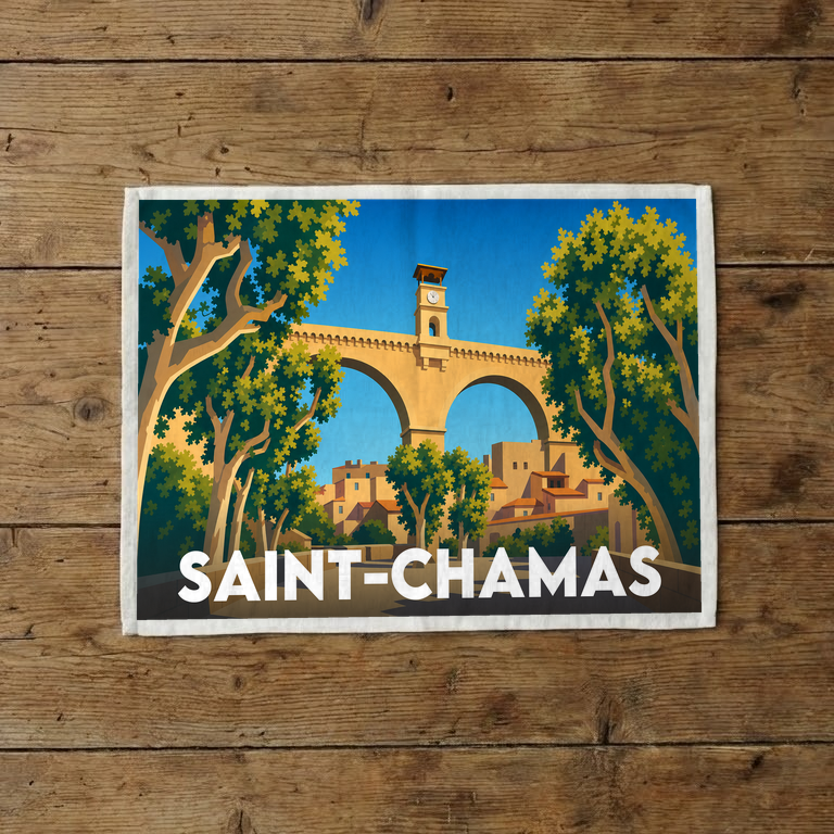 Torchon souvenir de la ville de Saint-Chamas avec une illustration stylisée de son célèbre pont à arcades.