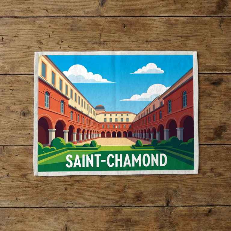 Torchon souvenir de la ville de Saint-Chamond avec une illustration stylisée de son architecture.
