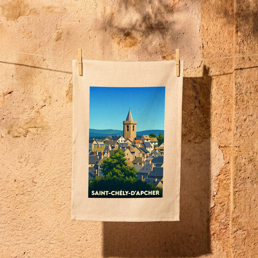 Torchon souvenir de la ville de Saint-Chély-d'Apcher illustré d'un paysage urbain stylisé.