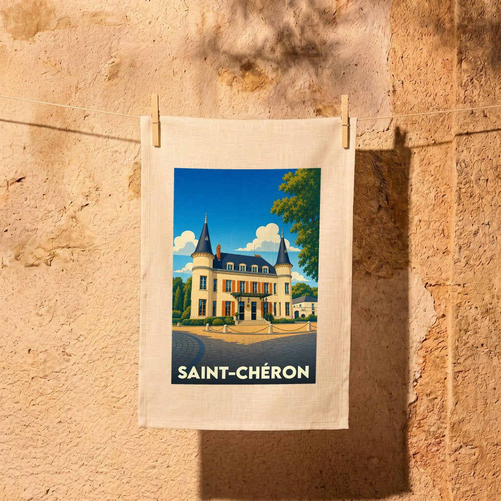 Torchon souvenir de la ville de Saint-Chéron avec une illustration stylisée d'un château.