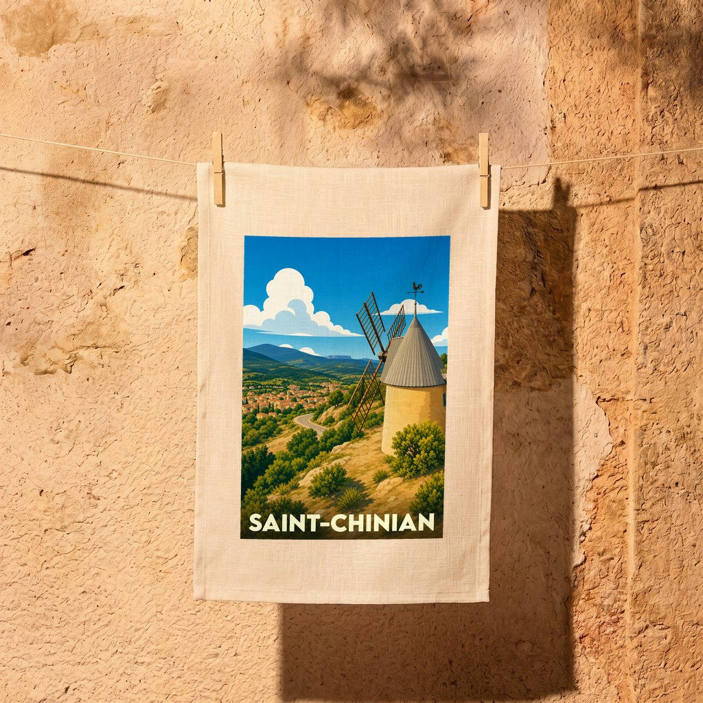 Torchon souvenir de la ville de Saint-Chinian avec une illustration stylisée d'un moulin surplombant la vallée.