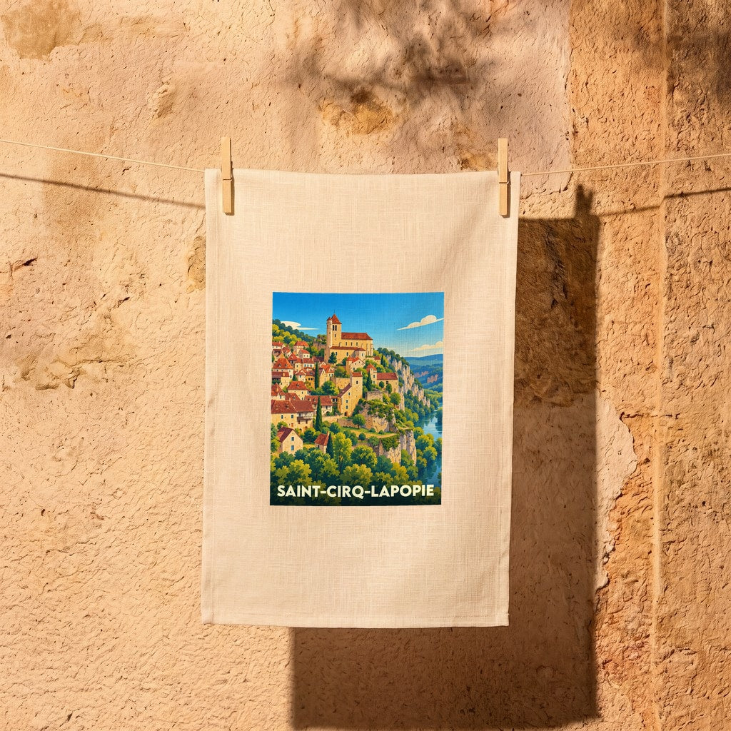 Torchon souvenir de la ville de Saint-Cirq-Lapopie avec une illustration stylisée.