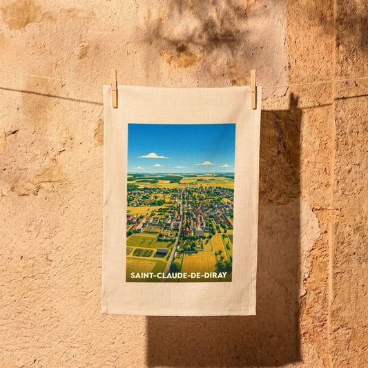 Torchon souvenir de la ville de Saint-Claude-de-Diray illustré par une vue aérienne stylisée du village et de ses champs.