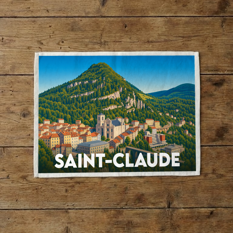 Torchon souvenir de la ville de Saint-Claude avec une illustration stylisée.