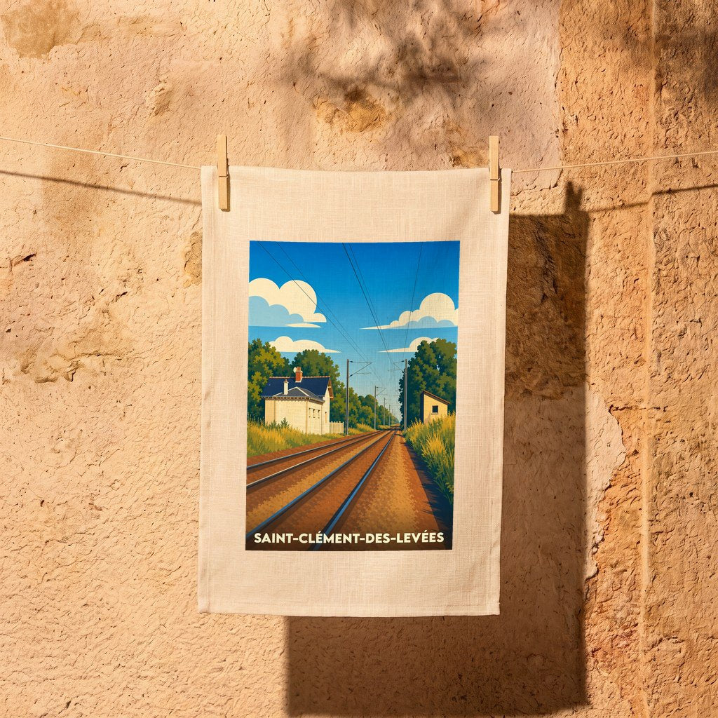 Torchon souvenir de Saint-Clément-des-Levées avec une illustration stylisée d'une voie ferrée et de sa petite gare.