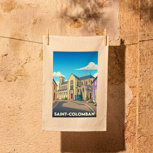 Torchon souvenir de la ville de Saint-Colomban avec une illustration stylisée d'une église sous un ciel bleu.