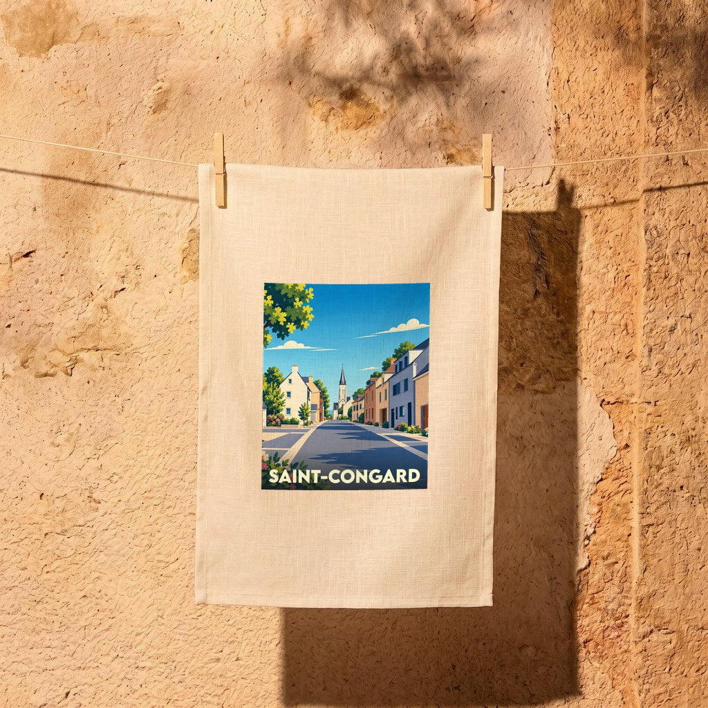 Torchon souvenir de la ville de Saint-Congard avec une illustration stylisée.