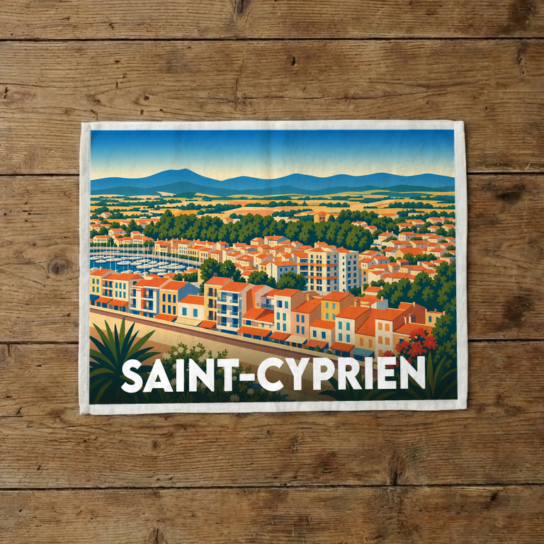 Torchon souvenir de la ville de Saint-Cyprien avec une illustration stylisée et colorée de son port et de ses montagnes.