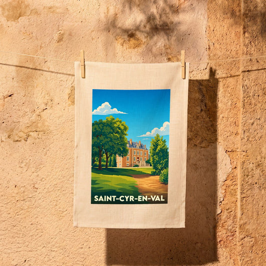Torchon souvenir de la ville de Saint-Cyr-en-Val avec une illustration stylisée d'un château.