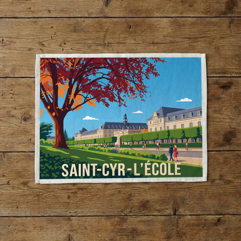 Torchon souvenir de la ville de Saint-Cyr-l'École avec une illustration stylisée de ses bâtiments historiques sous un arbre d'automne.