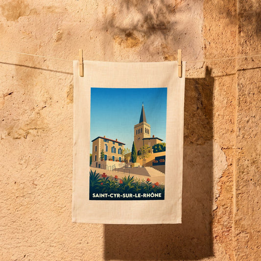 Torchon souvenir de la ville de Saint-Cyr-sur-le-Rhône avec une illustration stylisée.