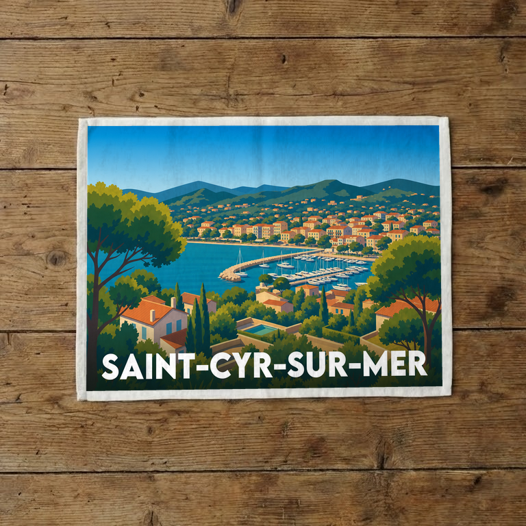 Torchon souvenir de la ville de Saint-Cyr-sur-Mer avec une illustration stylisée de son port et de sa baie.