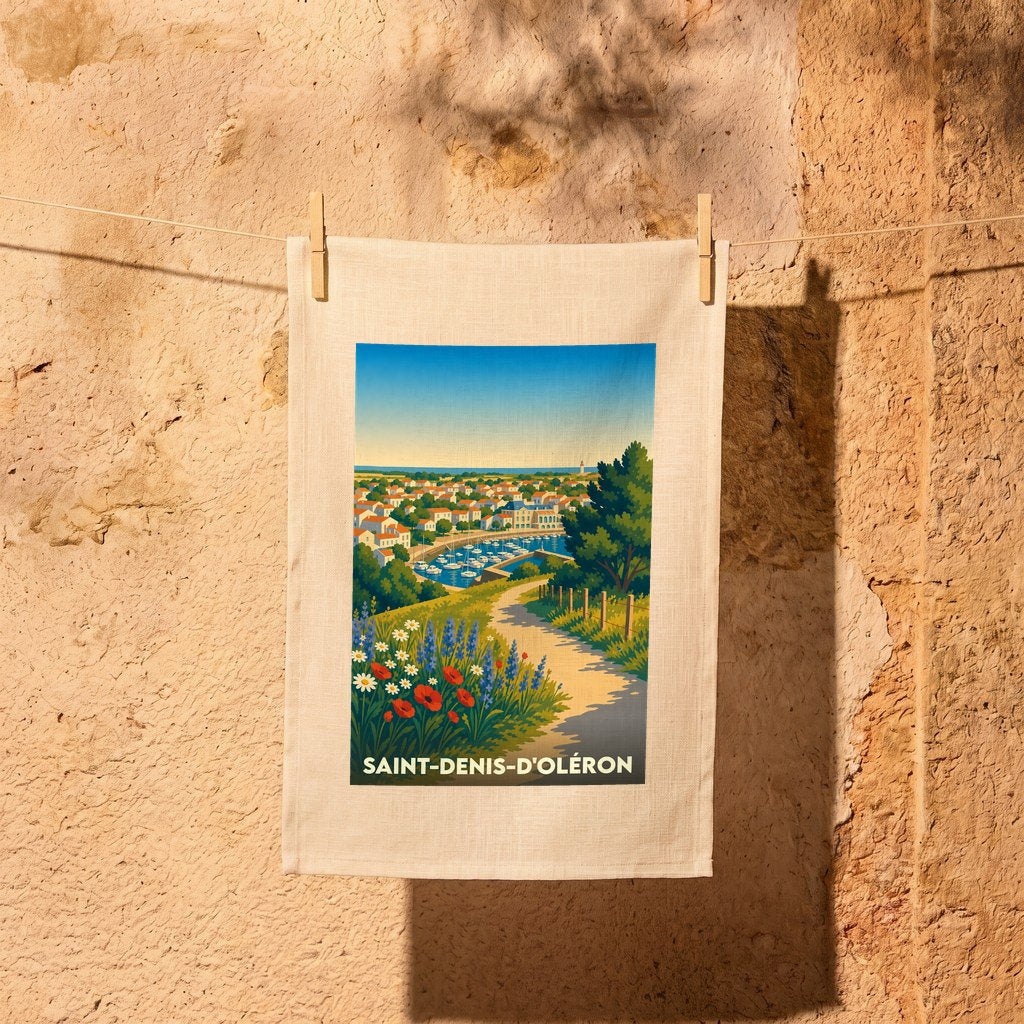 Torchon souvenir de la ville de Saint-Denis-d'Oléron avec une illustration stylisée de son port et de sa côte.