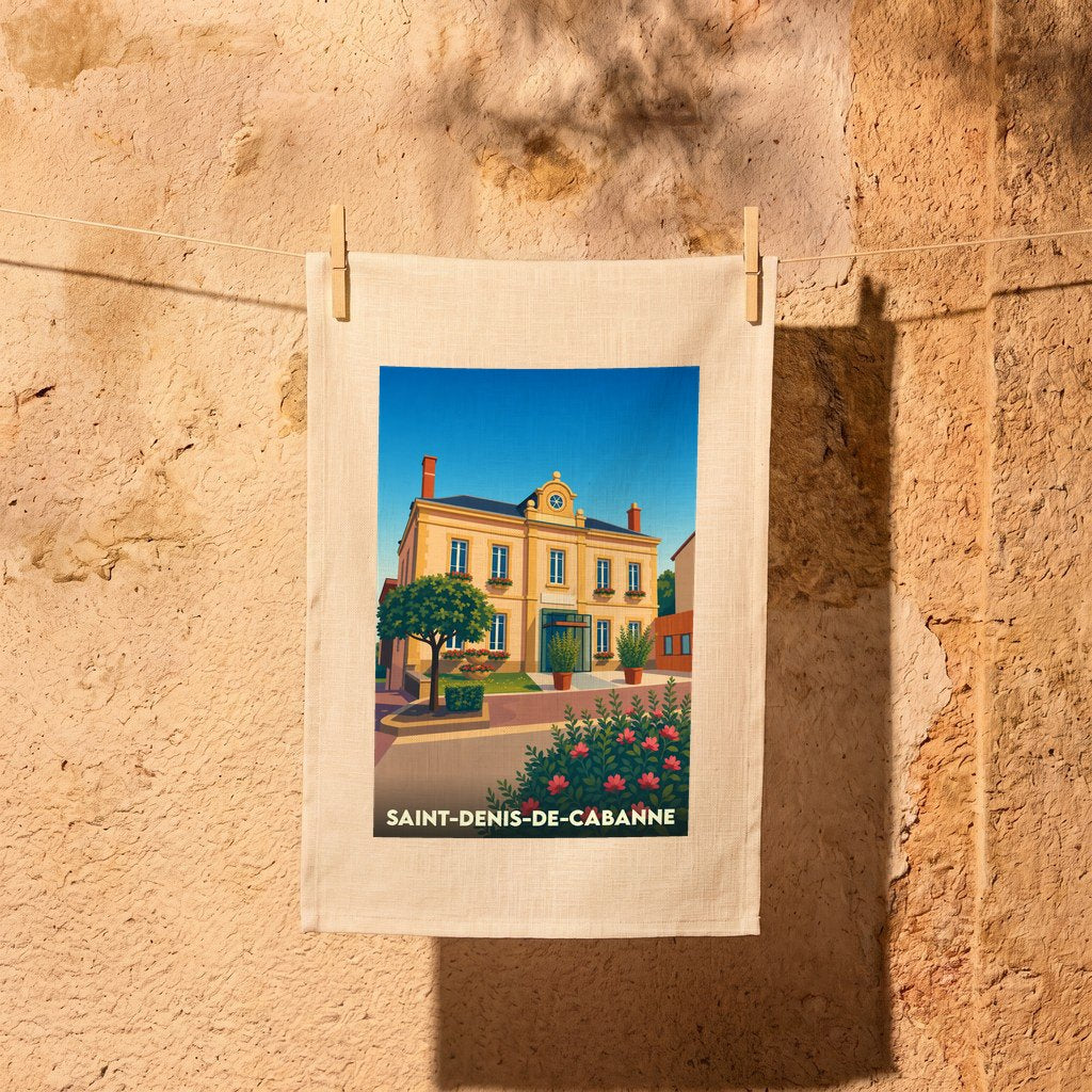 Torchon souvenir de la ville de Saint-Denis-de-Cabanne avec une illustration stylisée d'un bâtiment historique.