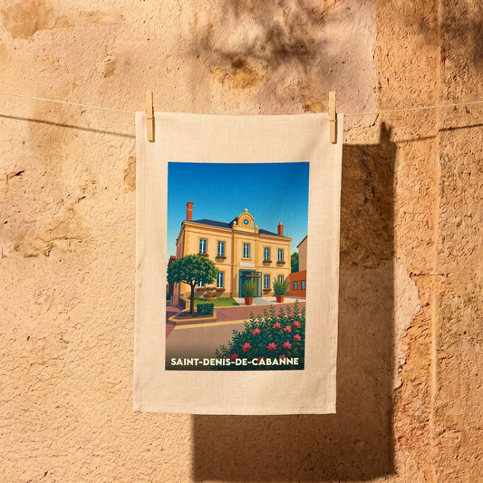 Torchon souvenir de la ville de Saint-Denis-de-Cabanne avec une illustration stylisée d'un bâtiment historique.