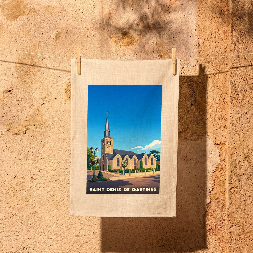 Torchon souvenir de la ville de Saint-Denis-de-Gastines avec une illustration stylisée de son église.