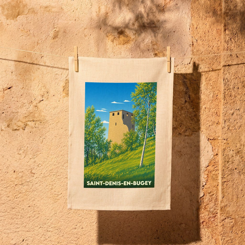 Torchon souvenir de la ville de Saint-Denis-en-Bugey avec une illustration stylisée de son donjon médiéval.