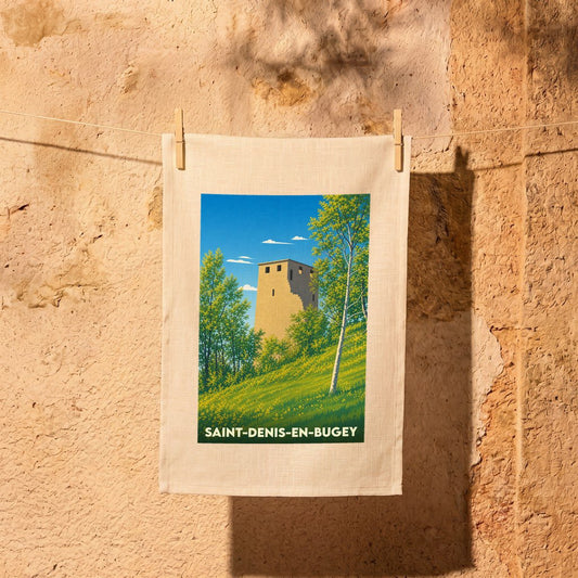 Torchon souvenir de la ville de Saint-Denis-en-Bugey avec une illustration stylisée de son donjon médiéval.