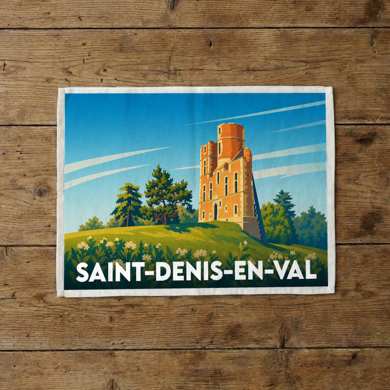 Torchon souvenir de la ville de Saint-Denis-en-Val avec une illustration stylisée de son château.