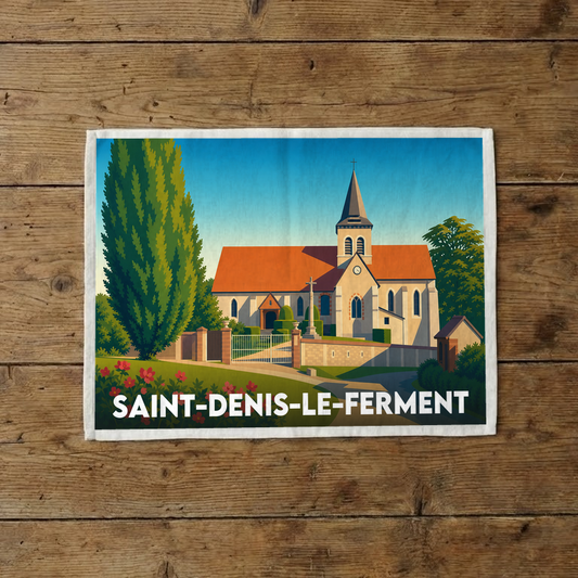 Torchon souvenir de la ville de Saint-Denis-le-Ferment avec une illustration stylisée.