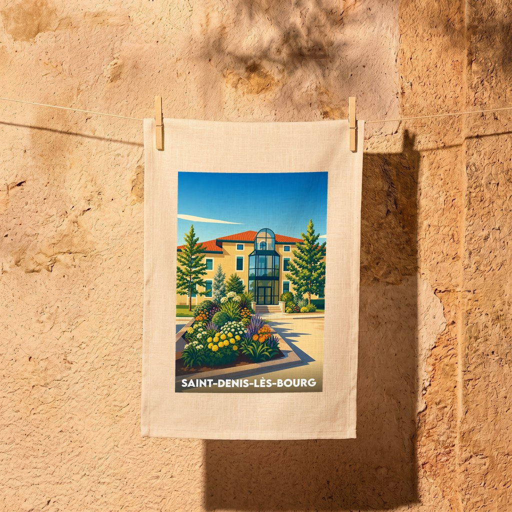Torchon souvenir de la ville de Saint-Denis-lès-Bourg avec une illustration stylisée de sa mairie fleurie.