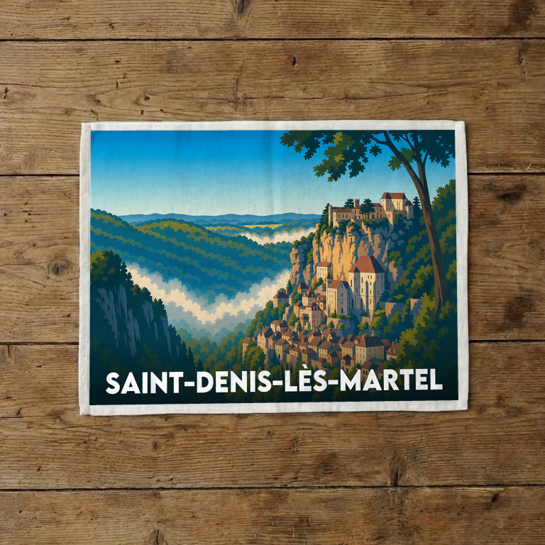 Torchon souvenir de la ville de Saint-Denis-lès-Martel avec une illustration stylisée.