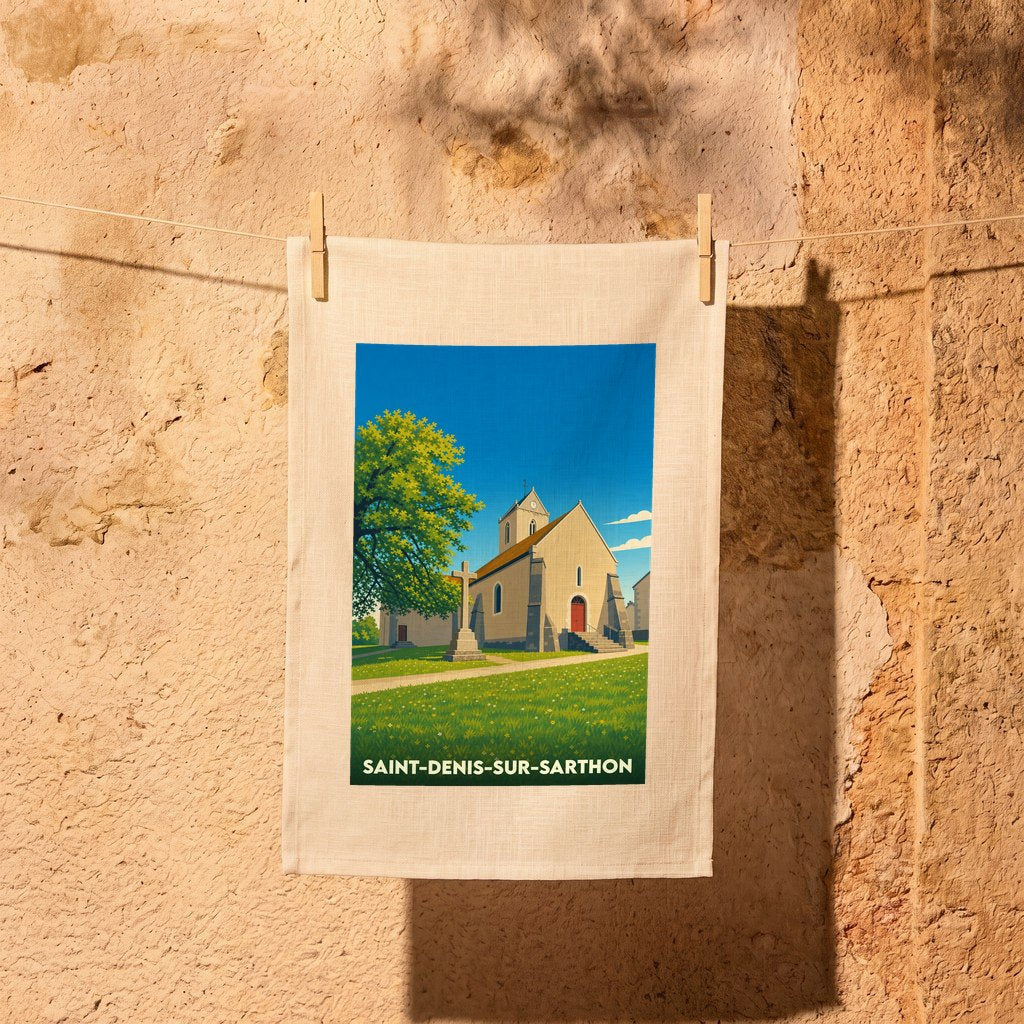 Torchon souvenir de la ville de Saint-Denis-sur-Sarthon avec une illustration stylisée de son église.