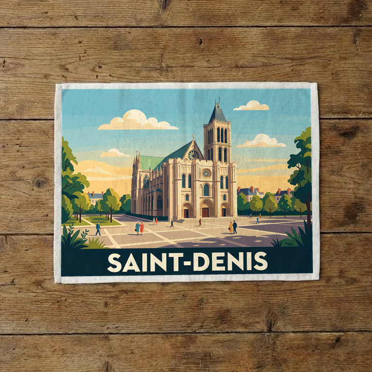 Torchon souvenir de la ville de Saint-Denis avec une illustration stylisée.