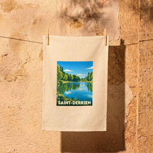 Torchon souvenir de la ville de Saint-Derrien illustré par un paysage lacustre stylisé.