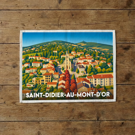 Torchon souvenir de la ville de Saint-Didier-au-Mont-d'Or avec une illustration colorée et stylisée.